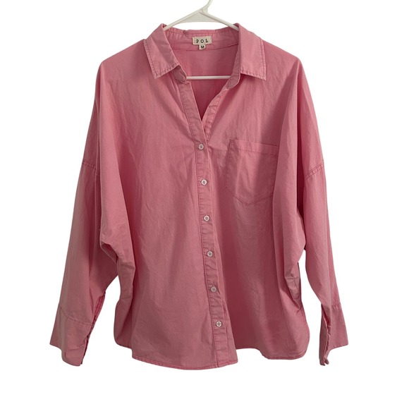 POL Tops - POL Womens Pink Button Down V-Neck Dolman Sleeve Cotton Shirt Medium